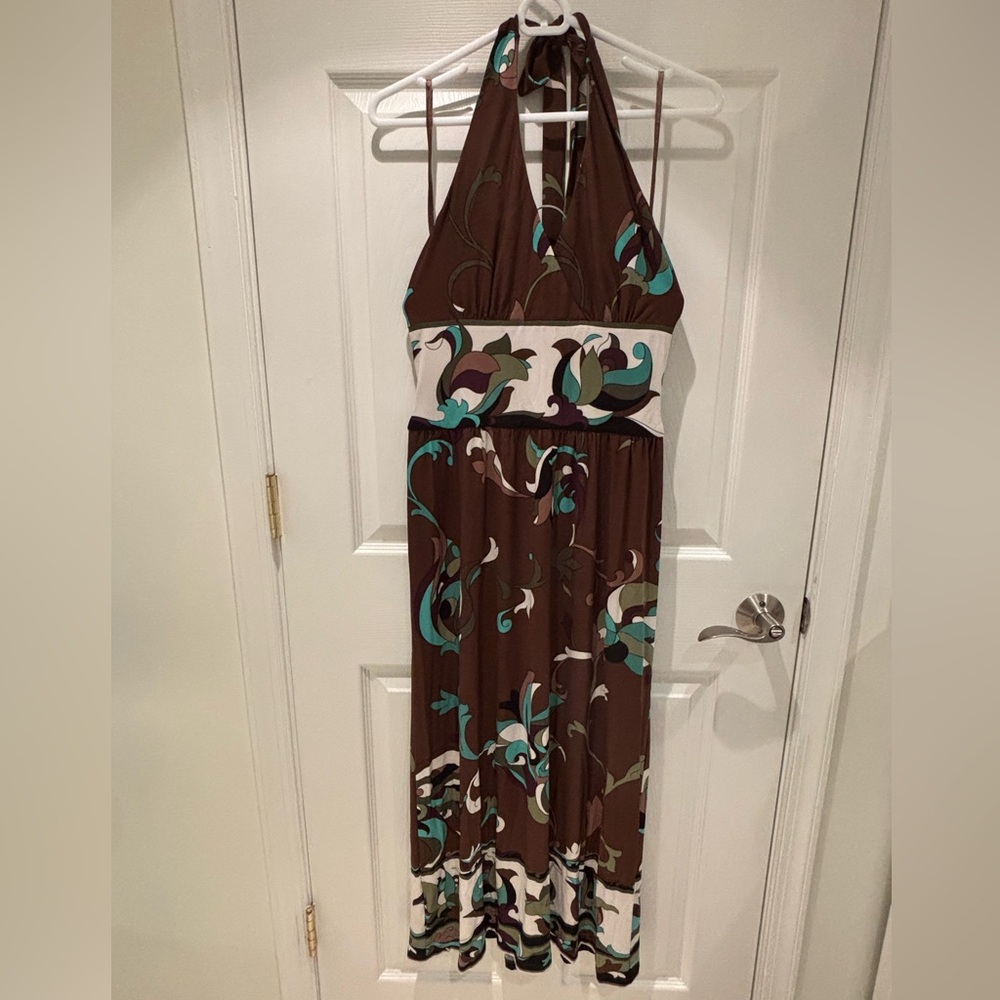 Brown Halter Maxi Dress with Teal Floral Print